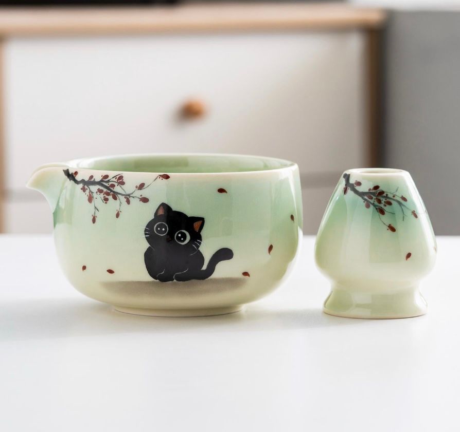 Hand Painted Matcha Set ( Black Cat )