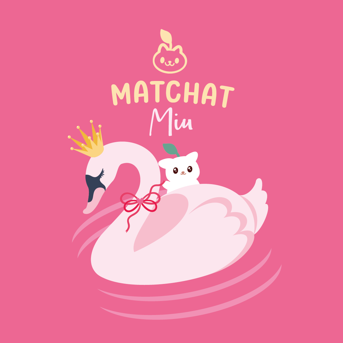 Illustration of a cat on a swan with 'MATCHAT Miu' branding on a pink background